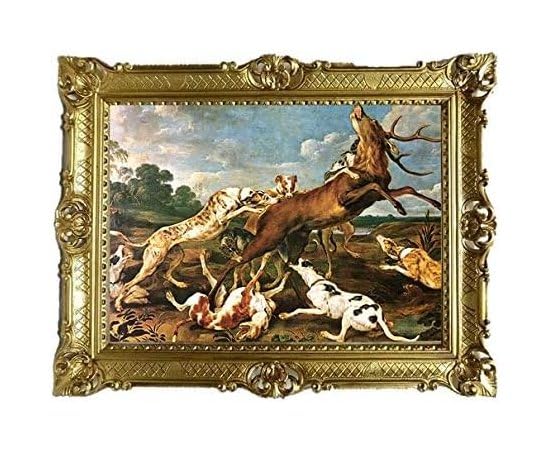Made in Italy Bild Bilderrahmen Foto 90x70 cm Jagd Hunde Reh Exklusive Reproproduktion Bilder mit Rahmen Barock Wandbild Kunstdrucke Gemälde Retro Repro antik für Café Bar Home Büro Praxis 58B