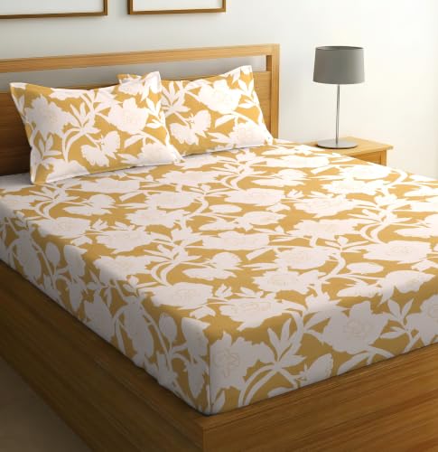 Image of Cotton Glace Cotton Elastic Fitted Bedsheet with 2 King Size Pillow Covers | Double Bed with All Around Elastic, Fits Upto 8 Inches Mattress, Size 72 x 78 Inches (Yellow Flower)