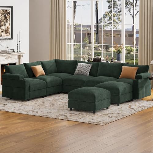 Image of Oversized Sectional Couches for Living Room Cloud Couch Chenille Sofa | Chaise Detachable Armrest Cushion FSC Certified U Shaped Convertible Modular Sleeper Sofa (Chenille Green, L Shape 8 Seat)