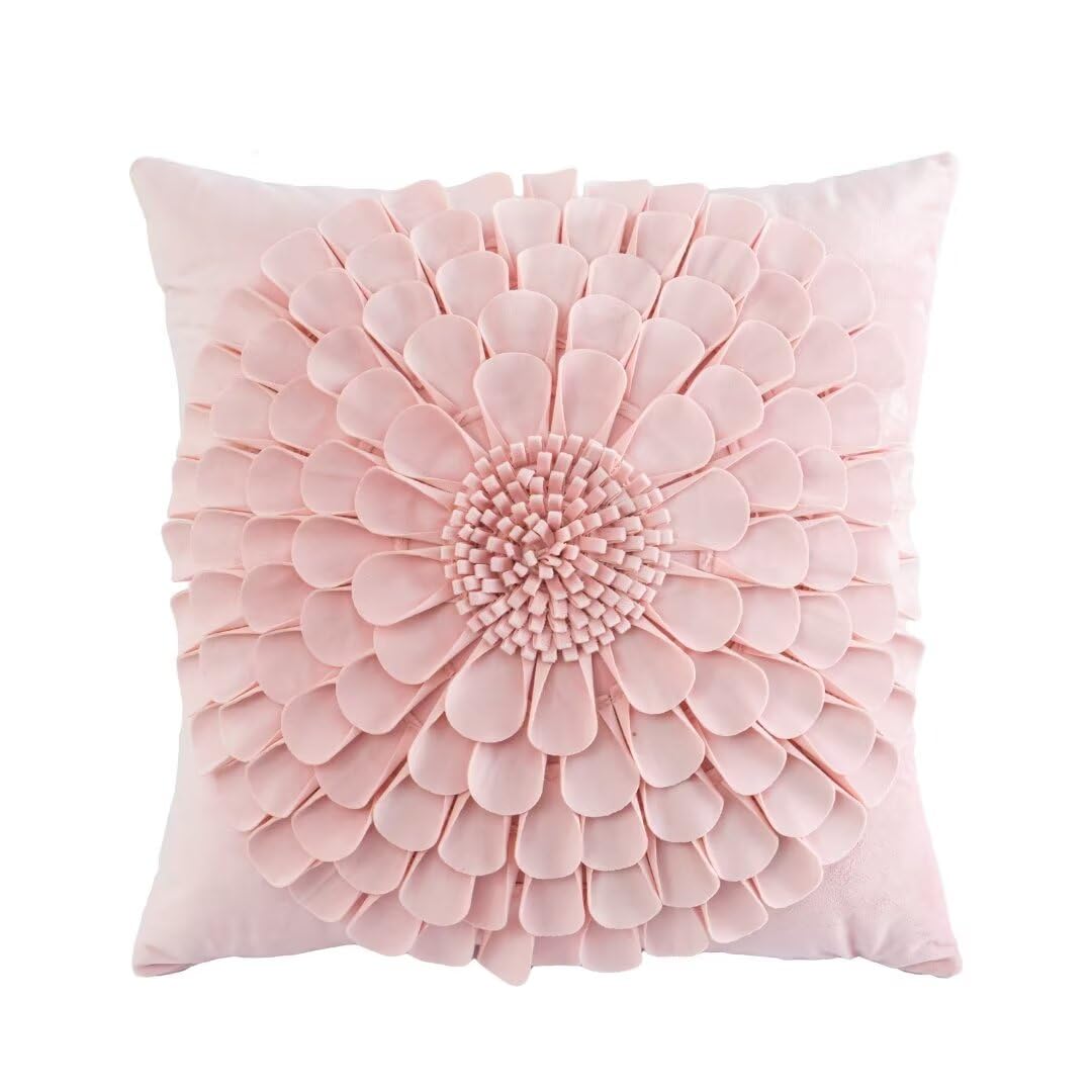 Velvet Throw Pillow, Handmade 3D Flower Throw Pillow, Sunflower Throw Pillow, Soft Flower Throw Pillow Decorative Pillow for Bed Living Room Sofa Chair 17.7x17.7 Inch Pink