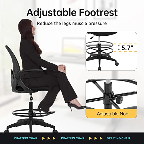Drafting Chair Standing Desk Chair With Adjustable Foot Ring Mesh Back Tall Office Chair Task Lumbar Support Flip Up Arms Computer Chair(Black) #TOP4