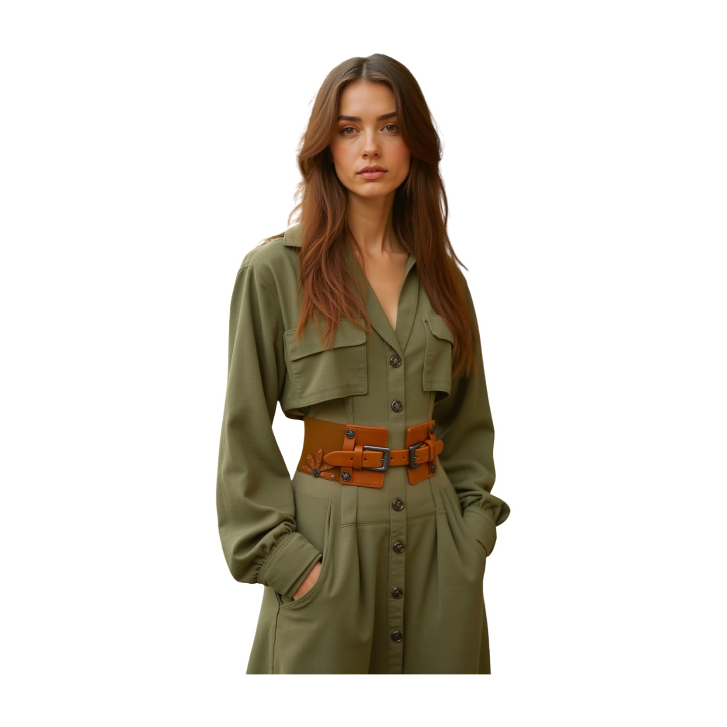 Generic Women Brown Elastic Fashion Belt - Hip High Waist Distressed Fabric Round Buckle S M z189