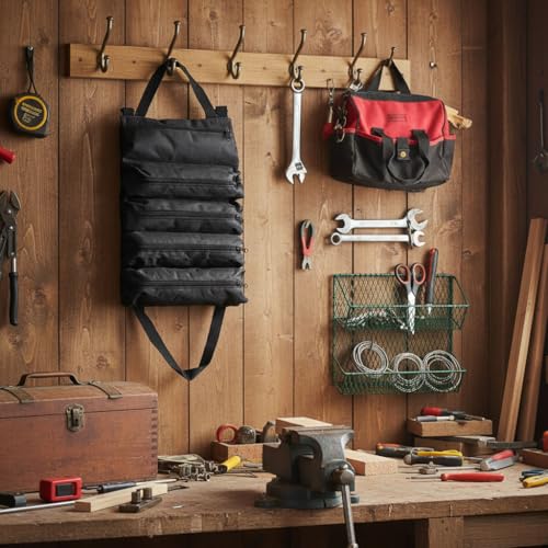Image of STHIRA 5-in-1 Tools Bag, Tool Organizer Bag, Portable Roll-Up Canvas Tool Storage with Handle, Built-In 5 Zipper Pouches, Heavy Duty Compact Tool Roll for Wrenches, 48x28cm