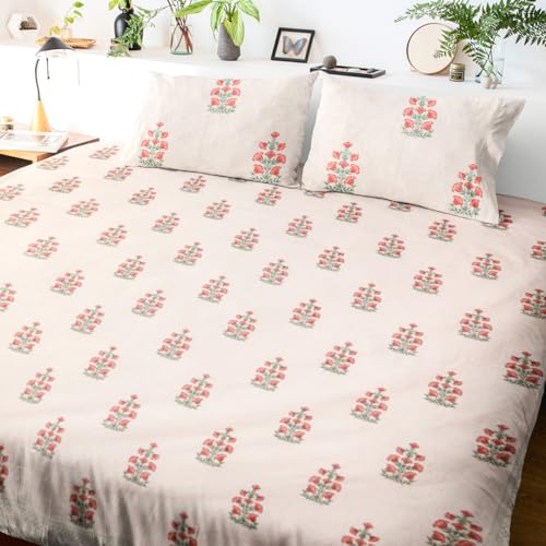 Image of Gudhal Premium Hand Block Printed Bedsheet | Bed Spread Flatsheet Bed Sheet | Pure Cotton | Double Bed Queen Size 90 inchx108 inch | 300 TC Long Staple Cotton | 2 Pillow Covers | Floral Print