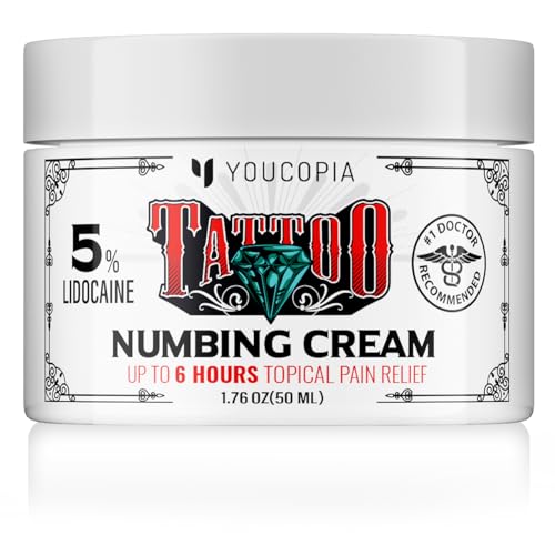 YOUCOPIA Tattoo Aftercare Numbing Cream: Maximum Strength for Painless Up to 6 Hours - Extra Healing Benefits from Emu Oil and Arnica 50ml