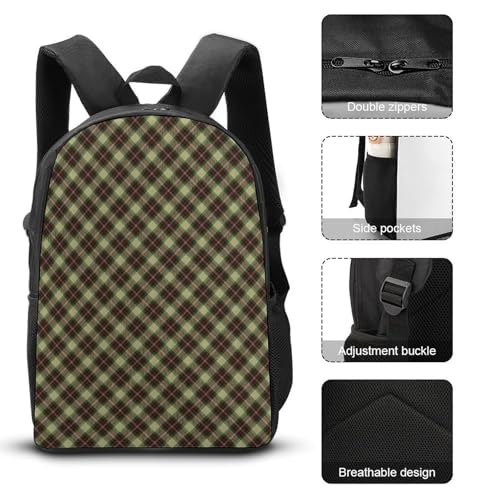 Yellow-Green Scottish Plaid Classic Backpack Lunch Bag Pencil Case 3 Piece Set Travel Daypack3