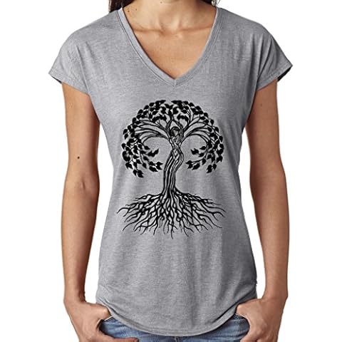 Yoga Clothing For You Ladies Black Celtic Tree V-Neck Tee, Medium Heather Grey Cover