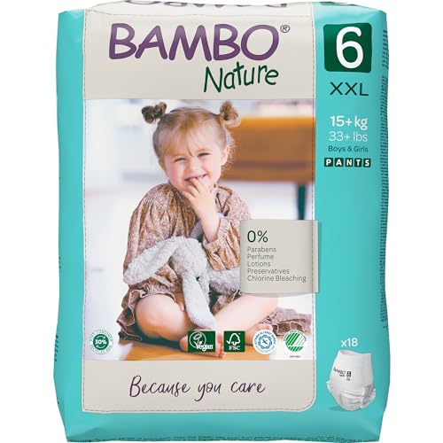 Image of Bambo Nature Premium Baby Pants Diapers for Kids XXL Size (15+ Kgs), Super Absorbent, Breathable, Extra Soft, Dermatologically Tested, Hypoallergenic Infant Nappies With Wetness Indicator, 18 Count