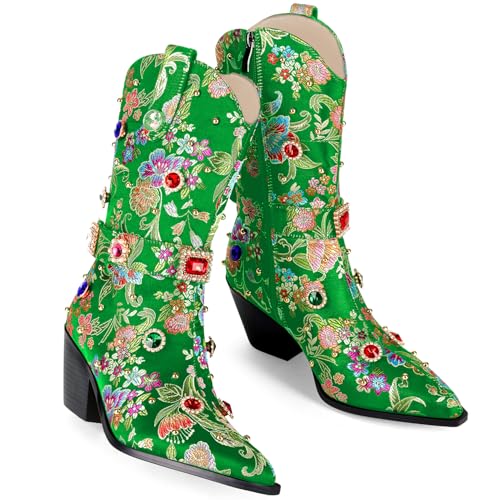 Image of LOCERICH Women Rhinestone Cowboy Sparkly Cowgirl Boots Diamond Western Floral Embroidery Mid Calf Booties