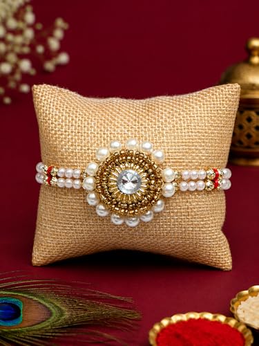 Image of eCraftIndia Pearl Designer Rakhi for Brother with Best Bro Ever Fridge Magnet & Roli Chawal Pack | Raksha Bandhan Rakhi for Bhaiya Bhai |