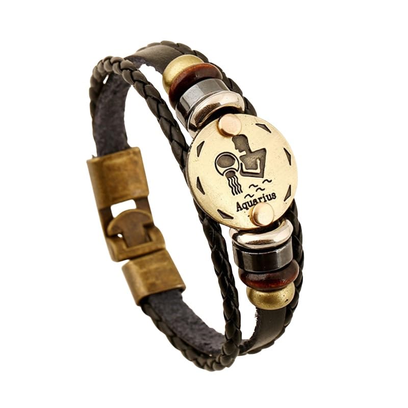Bracelet Femme Verseau Cuir De Vache Tissé Multi-Couches Bracelet Homme Signes Du Zodiaque Casual Vintage Adapté à Toutes Les Combinaisons