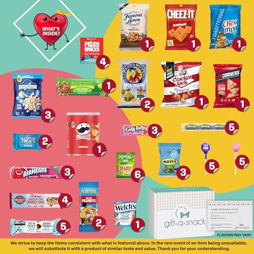 Image of Gift A Snack - Snack Box Variety Pack Care Package + Greeting Card (60 Count) Graduation Birthday Sweet Treats Gift Basket, Candies Chips Crackers Bars Office Food Assortments & Variety Gifts
