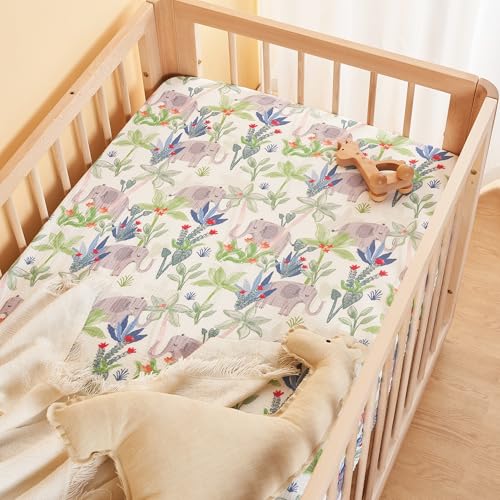 Image of TILLYOU Muslin Crib Sheets for Boys and Girls 2 Pack, Neutral Soft Cotton Baby Crib Mattress Protector, for 52x 28 Toddler Bed, Rainforest Elephant & Grey