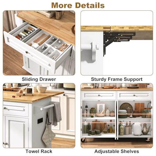 59\" W Rolling Kitchen Island with Drop Leaf – Movable Kitchen Carts on Wheels Island with Storage Cabinet, Island Table for Kitchen with Rubber Wood Top and Rack and Drawers, Matte, White