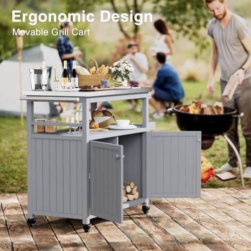 Solid Wood Outdoor Grill Table Storage Cabinet with Stainless Steel Top, Movable Kitchen Island Prep Stand Station, Rolling BBQ Bar Cart with Storage for Garden Party, Patio, Backyard, Camping, Grey