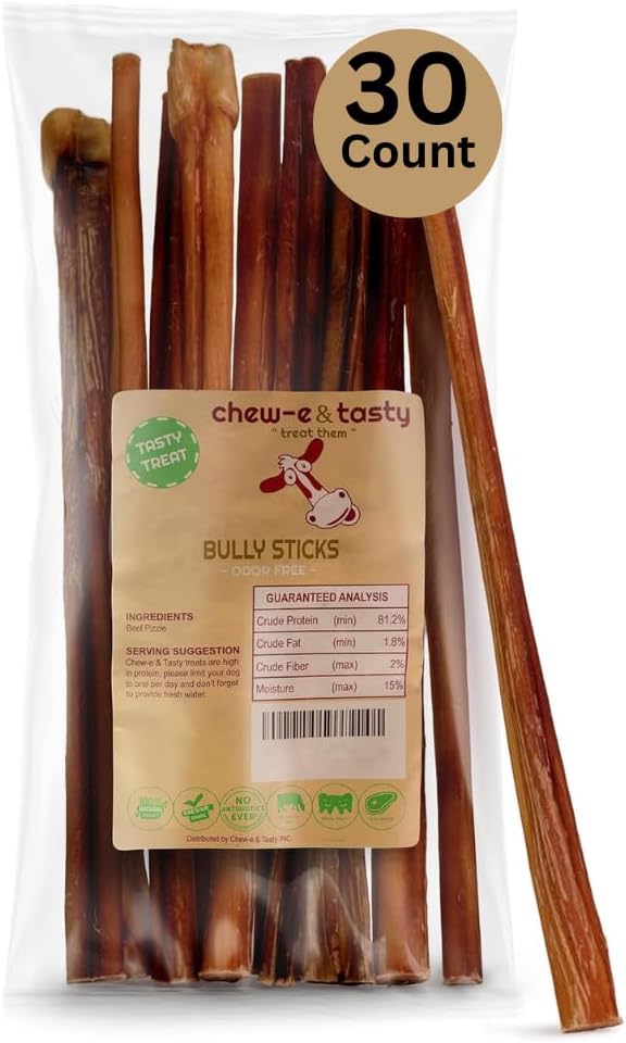 chew-e&tasty 12" Odor Free Bully Sticks (Pack of 30) 100% Beef Chews - Made & Packaged at Food-Grade Facility - Fully Digestible High Protein, Low Fat Dental Treats