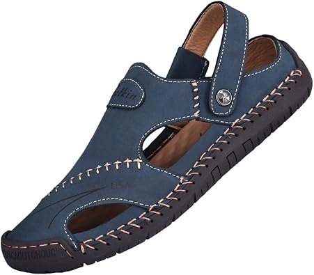 Mens Leather Fisherman Sandals, Closed Toe, Hollow Athletic Sandals Slip-on Roman Casual Summer Beach Slipper Shoes
