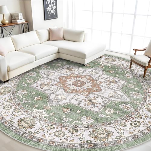 RUUGME Washable 9 ft Round Area Rug - Large Boho Rugs for Living Room Stain Resistant Carpet Vintage Tribal Rugs for Bedroom Kitchen Bathroom with Non Slip Backing Floor Decoration Mat 9ft Sage