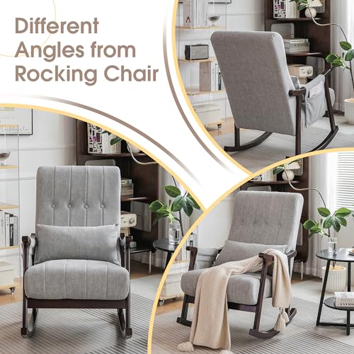 COCO DESIGN Upholstered Rocking Chair, Nursery Rocking Chair Indoor for Living Room, Modern Glider Rocker w/Pillow＆Side Pocket, High Back Padded Seat Side Armchair for Old Man(Grey) - Thumbnail 7