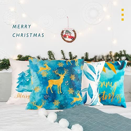 COLOFALLA 4 Pack Christmas Cushion Covers 45x45cm Blue Gold Merry Christmas Throw Pillow Covers 18 Inch Snowflake Tree Reindeer Printed for Sofa Blue Christmas Decorations Gifts