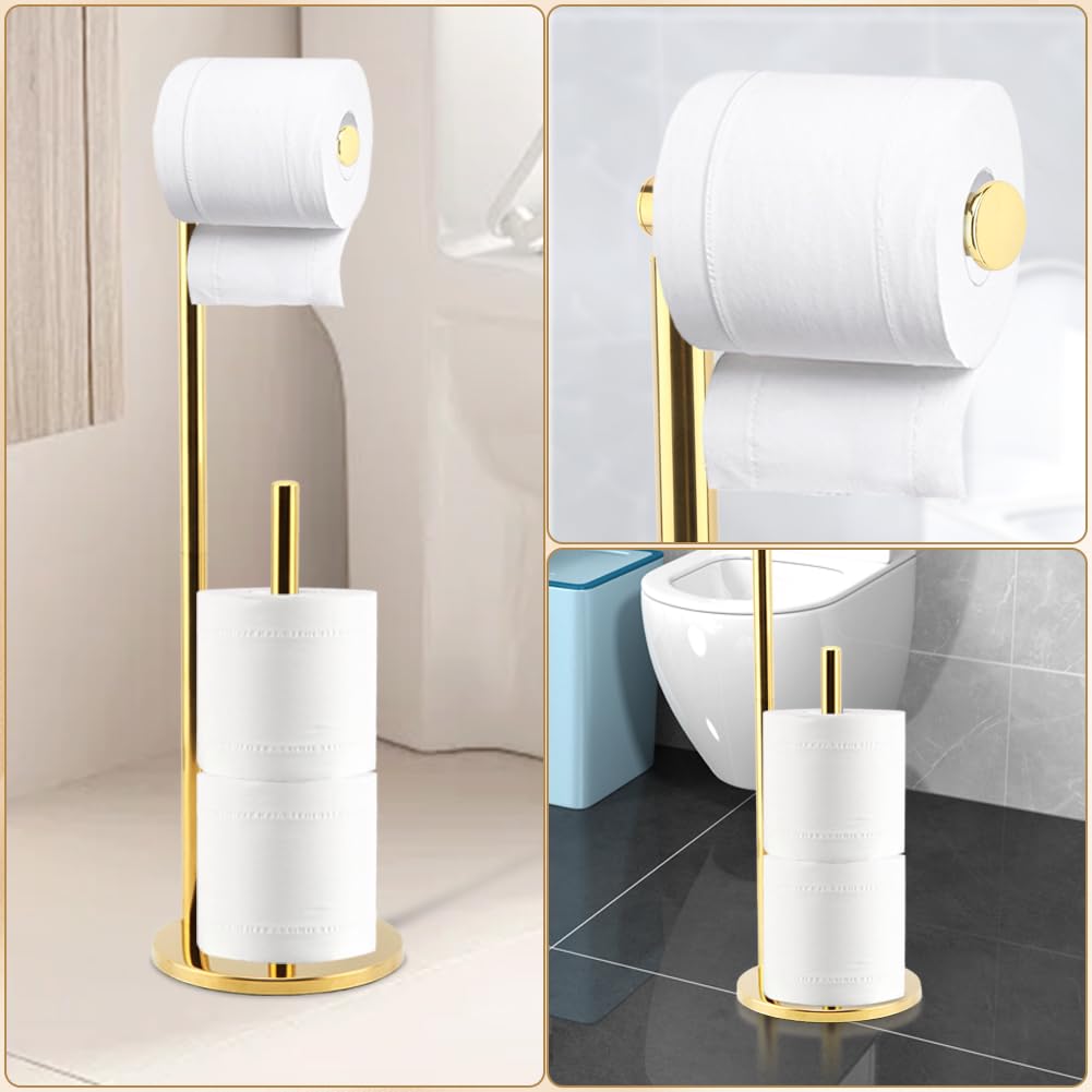 Portarotolo di carta igienica autoportante, pieghevole, in ottone spazzolato, in acciaio inox, per bagno, dispenser autoportante (oro)