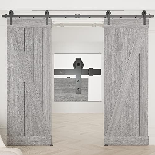 DonYoung 10FT Double Door Sliding Barn Door Hardware Kit, Heavy Duty Barn Door Track Kit Fits Double 30" Wide Door Panel, Smooth and Quiet Operation, Modular Track, Easy to Install (J Shape Hanger)