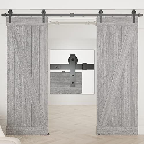 Donyoung 10Ft Double Door Sliding Barn Door Hardware Kit, Heavy Duty Barn Door Track Kit Fits Double 30" Wide Door Panel, Smooth And Quiet Operation, Modular Track, Easy To Install (J Shape Hanger) #TOP3