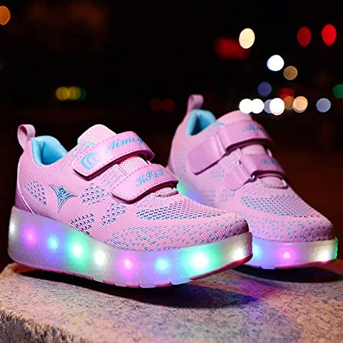 Risea Kids Roller Skates Shoes USB Charging Led Light Up Shoes Skates Shoes for Kids 32/32.5 EU, Pink