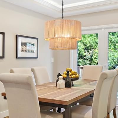 Hand Woven Large Rattan Chandelier 5 Lights Boho Pendant Light Fixtures Ceiling Hanging Drum Lighting Wicker Rustic Farmhouse Chandeliers for Dining Room Over Table Kitchen Island Living Room Foyer