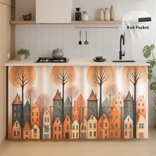 Image of Premium Printed Kitchen Sink Curtain | Washable & Dustproof Rod Pocket Counter Skirt | Perfect For Any Sink,Counter | Multicolor Cooking Theme for Home & Kitchen (150cm X 70cm) (1, City Sink Curtain)