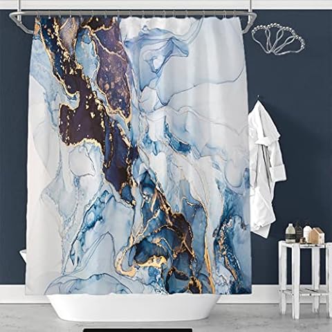 DeKeLaiFu Cloth Fabric Marble Shower Curtain Blue Gold Purple White with Steel Hooks, Modern Abstract Watercolor Ombre Art Glitter Shower Curtains Bathroom Waterproof Weighted, 180x180cm Cover