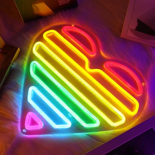 Image of ENUOLI Acrylic Heart Neon Sign Rainbow Heart Neon LED Light for Wall Decor | USB Powered Dimmable Decor Lamp,Rainbow Heart LED Night Light for Valentine's Day,Wedding,Birthday,Party,Club,Lover Gift