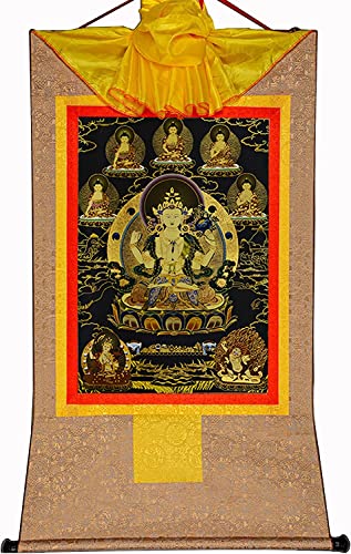 QWFVHJ Pintura Colgante de pergamino, Imagen de pergamino de Seda, Pintura de pergamino de Seda, Thangka Tibetano, Avalokitesvara de Cuatro Brazos, Padmapani, Chenrezig(Beige,Small(35cm*27cm))