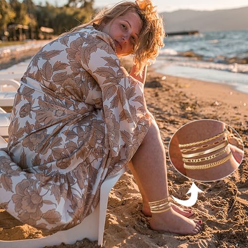 Image of Plus Size Gold Ankle Bracelets for Women Big Ankles, Adjustable Ankle 14K Real Gold Plated Cuban Link Chain Figaro Snake Herringbone Extra Large Anklet Bracelets,Summer Beach Foot Jewelry 10-12inch