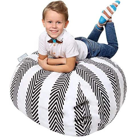 5 STARS UNITED Kids Bean Bag - COVER ONLY - Stuffed Animal Storage - Large Beanbag Chairs for Kids - 90+ Teddy Plush Toys Holder and Organiser for Boys and Girls - 100% Cotton Canvas - Black Stripes Cover