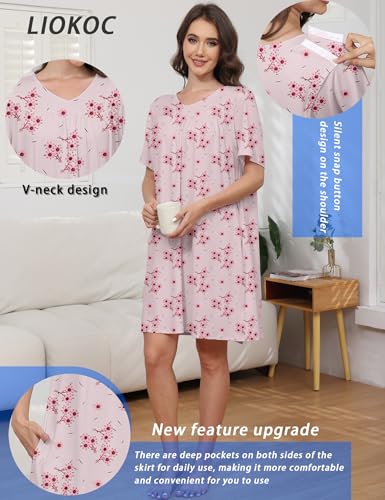 Image of Hospital Gowns for Women Open Back Tear Away Snap Post shoulder Dress Short Sleeve Soft Adaptive Clothing with Pockets