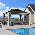 PURPLE LEAF 10' X 14' Hardtop Gazebo Metal Double Roof White Aluminum Frame Outdoor Heavy Duty Carport with Curtain and Netting for Patio, Garden and Backyard, Grey