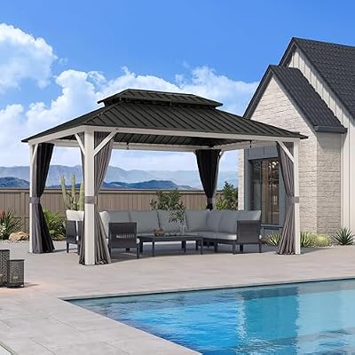 PURPLE LEAF 10' X 14' Hardtop Gazebo Metal Double Roof White Aluminum Frame Outdoor Heavy Duty Carport with Curtain and Netting for Patio, Garden and Backyard, Grey