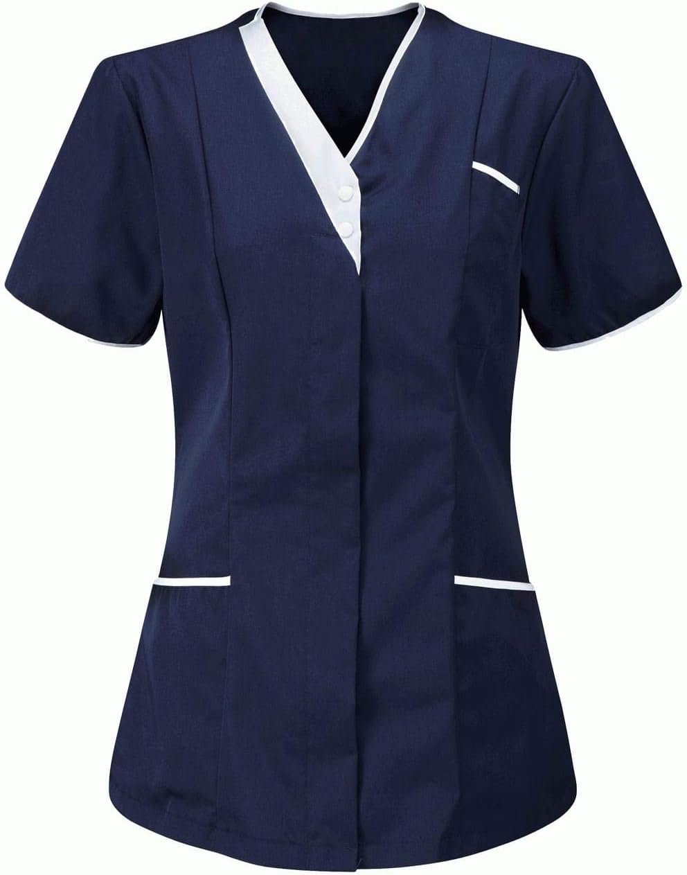 V Neck Style Nurses Tunics Healthcare Hospital Medical Dentists Work Wear Carers Vets Top Uniforms (Navy/White, 14)