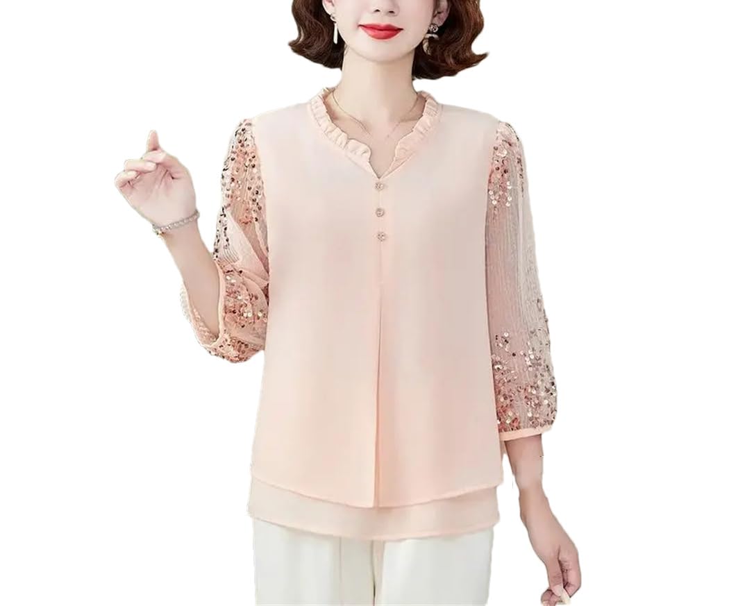 Camicetta estiva da donna in chiffon con scollo rotondo in pizzo patchwork maniche a 3/4 top leggero