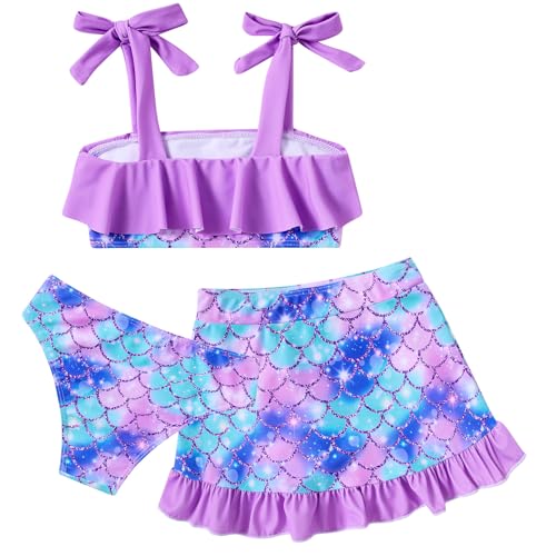 Image of ALISISTER Girls Swimsuit 3 Piece Bathing Suits Flounce Bikini Tankini Set Beach Swimwear with Cover Ups Skirt for 3-8 Years