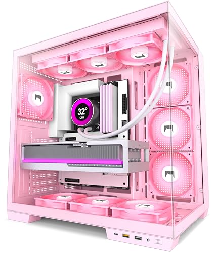HYXN H1 ATX Caja PC – Con 7 Ventiladores PWM ARGB Preinstalados, Caja para PC Gaming Mid Tower de Cámara Dual, con Type-C, Instalación Simultánea de 3X 360 mm de Refrigeración (Rosa, H1)