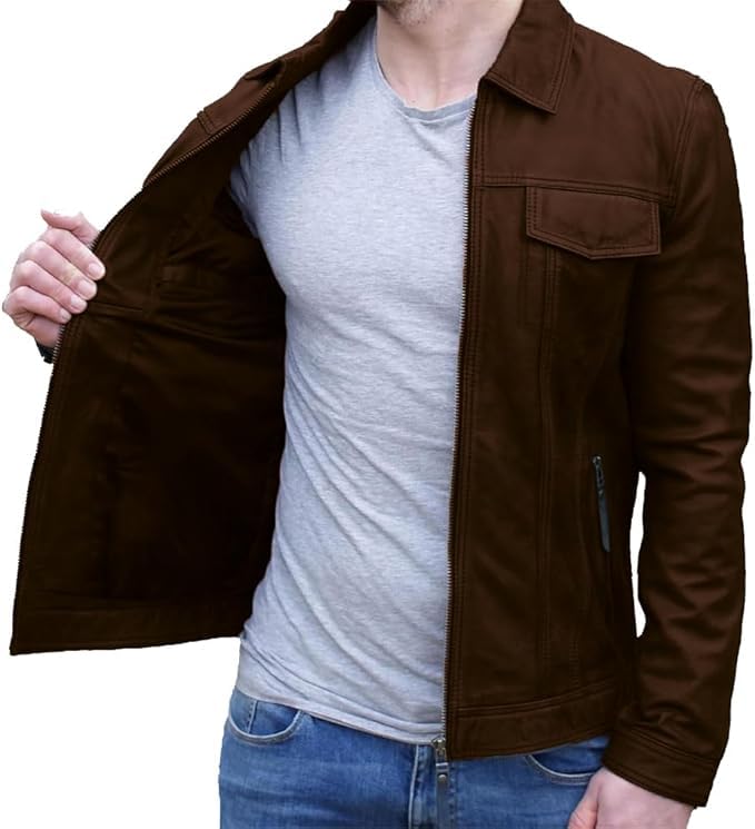 Men’s Vintage Trucker Lambskin Leather Jacket – Classic Retro Shirt Collar Style for Men3