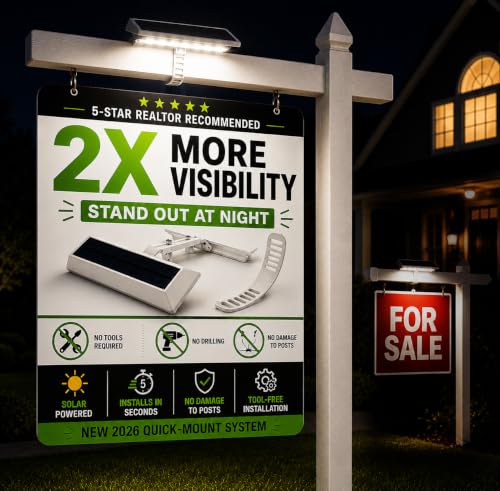 LITEAGENT PRO Upgrade Solar LED Sign Light for Real Estate Yard Signs Tool-Free No-Drill Installation Adjustable Quick-Mount Strap Fits Sign Posts Includes Wall Mount Bracke
