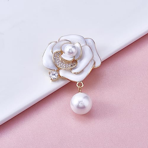 Image of Ornaland Pearl Camellia Flower Brooch Pin Rhinestone Crystal Brooch Flower Lapel Pin for Birthday Party Anniversary T-shirt Dress Clothing Accessories Jewelry Gift, White
