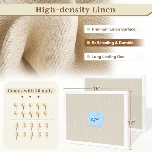 2-Pack Double-Sided Cork Board with Linen, 16" x 12" Hanging Wood Framed Bulletin Board, Picture Display Vision Board Corkboards for Wall Room School Office Decor, 20 Pushpins (Vin image 1
