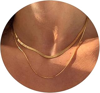 14K Gold Plated Herringbone Choker Necklaces Double Layered Snake Chain Necklace Trible Layering Figaro Paperclip Chain Link Necklace Set Shiny Twisted Rope Chain Necklace for Women