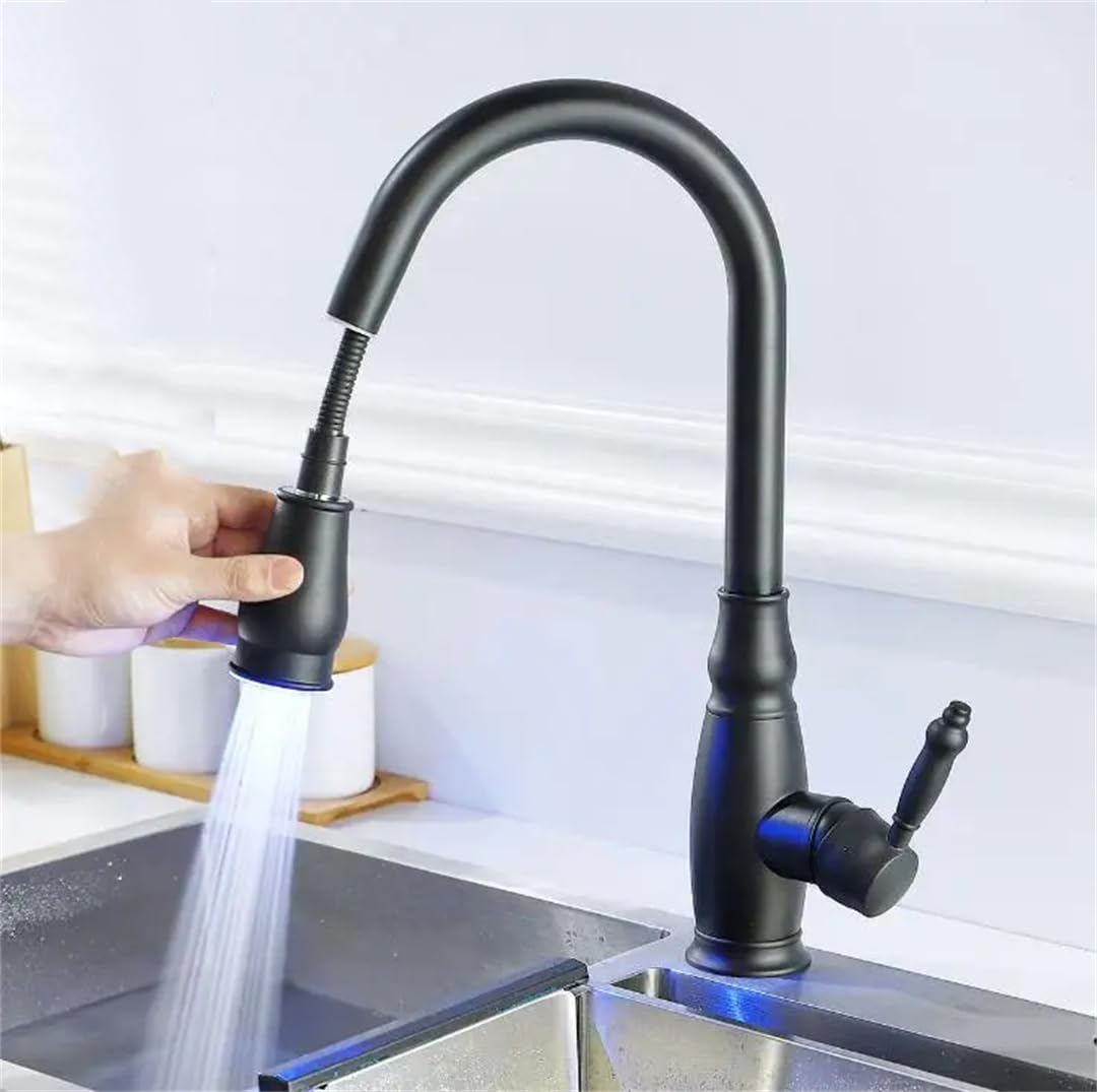 ZQFHSX Led Kiten Faucets Nickel Single Handle Pull Out Tap Hole Swivel Water Mixer LWX
