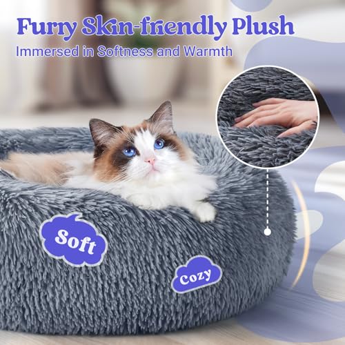rabbitgoo Cat Beds for Indoor Cats, 20 inches Cat Bed Machine Washable, Fluffy Round Pet Bed Non-Slip, Calming Soft Plush Donut Cuddler Cushion Self Warming for Small Dogs Kittens, Dark Grey, Medium - Image 3
