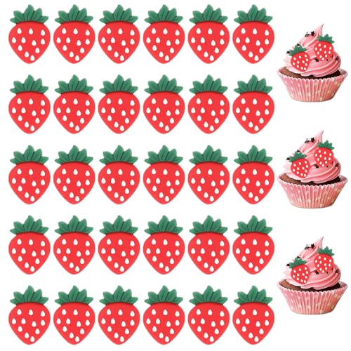 30 Pack Strawberry Cupcake Toppers Cake Topper Decor Strawberry Theme Resin Berry Party Shortcake Cake Decorations, Flat Back Strawberries Embellishment Charms for DIY Crafts Hair Clips